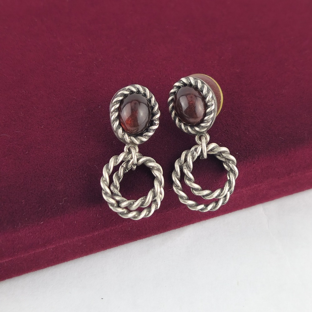 Vintage Silver Tone Red Cabochon Twisted Rope Double Hoop Drop Earrings